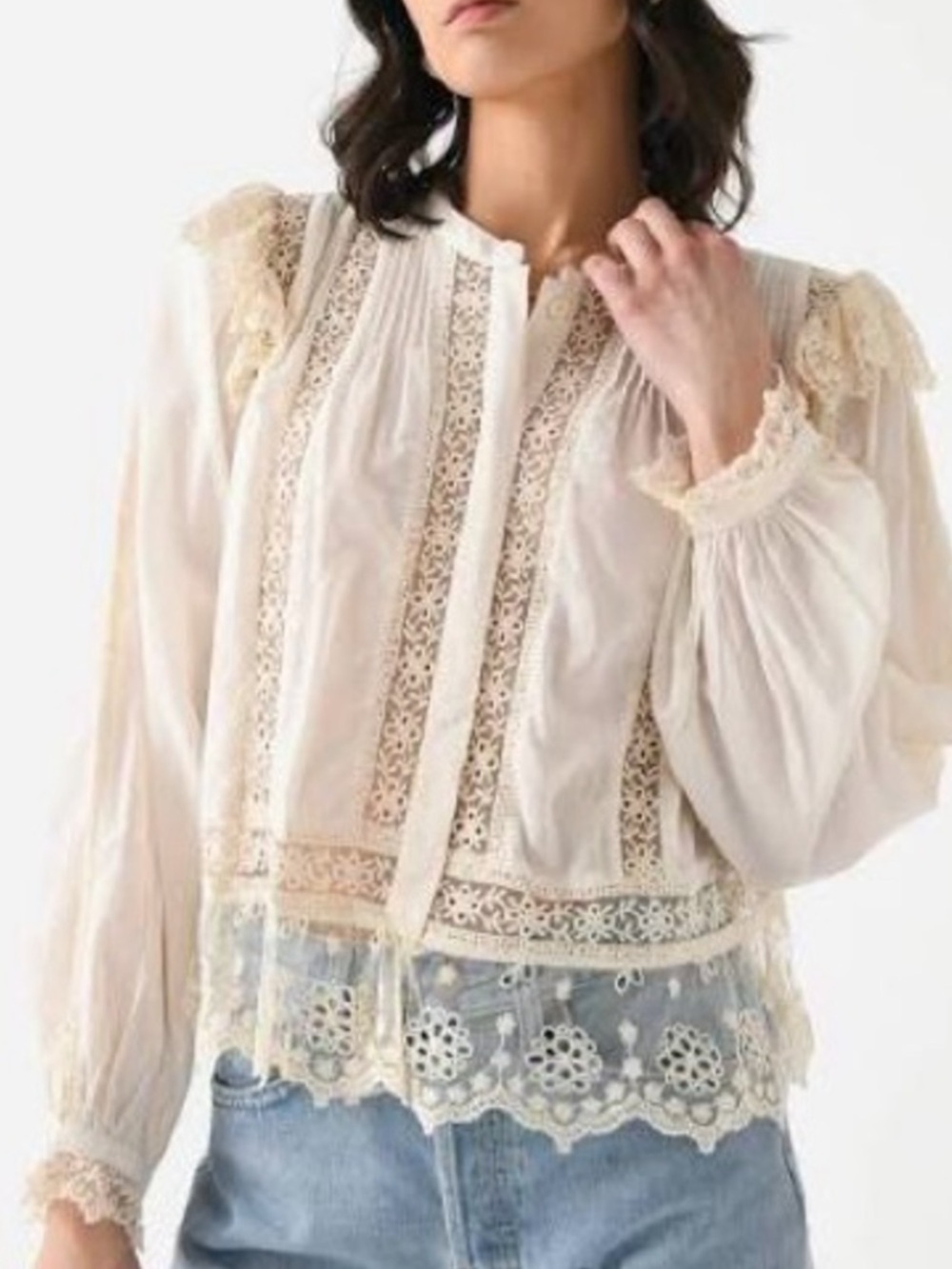 LoveShackFancy Cream Lace-Trim Peasant Blouse